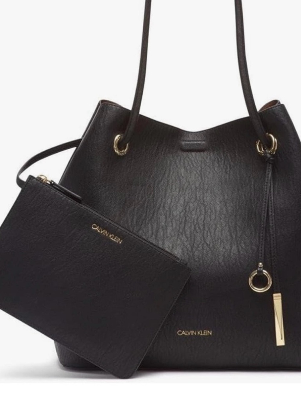 Calvin Klein Black Faux-Leather Drawstring Tote with Pouch